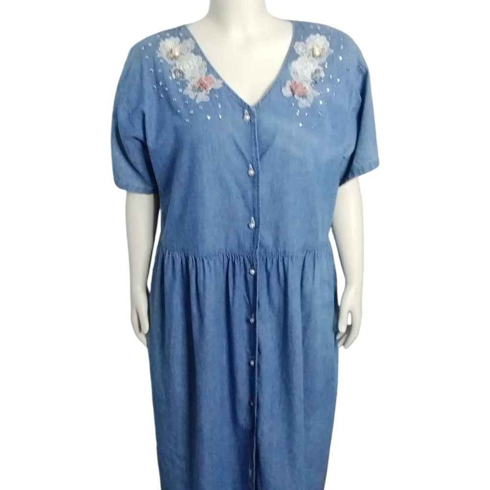 Vintage 80's 2X Spot Light Floral Embellished Cottagecore Grannycore Denim Dress